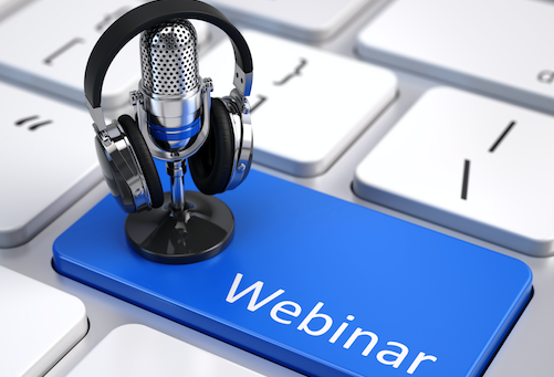 Image of keyboard with a "webinar" key and microphone.